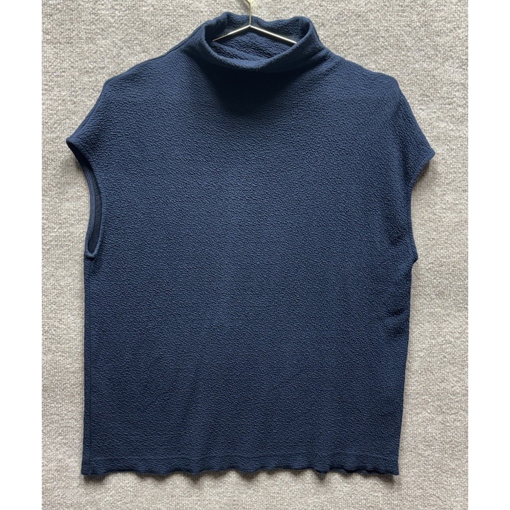 Ganni Thompson Blouse Total Eclipse Womens XS/S EUC Mock Neck Cap Sleeve Texture